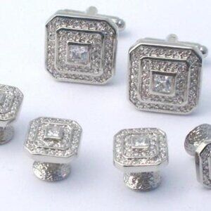 Square Setting in Links & Studs /Pave Cubic Zircons with Larger CZ Center Stone